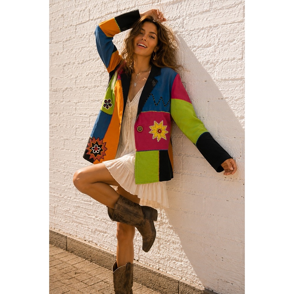 Vintage Alex Kim Multicolor Rayon Cotton ColorBlock Embroidered Blazer Size S